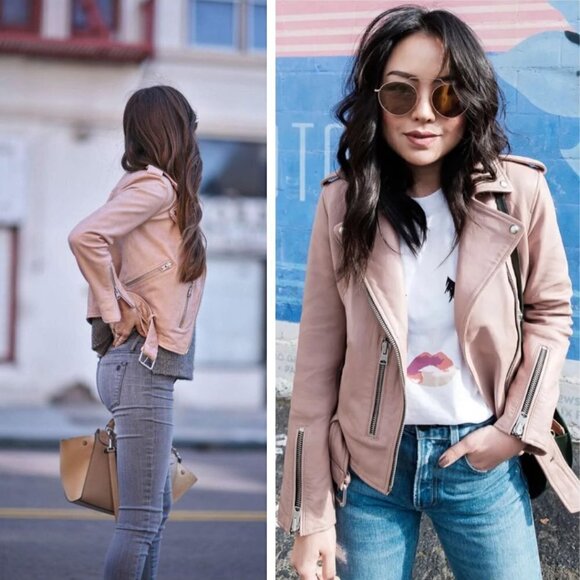 All Saints Balfern Lamb Leather Biker Jacket, Blush Pink US 8 - Moto, Belted Hem